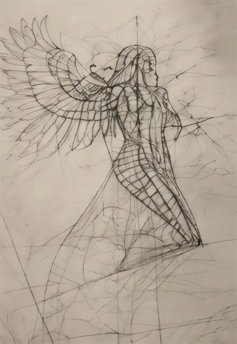 Pencil drawing of a winged figure, illustrating the sketch stage