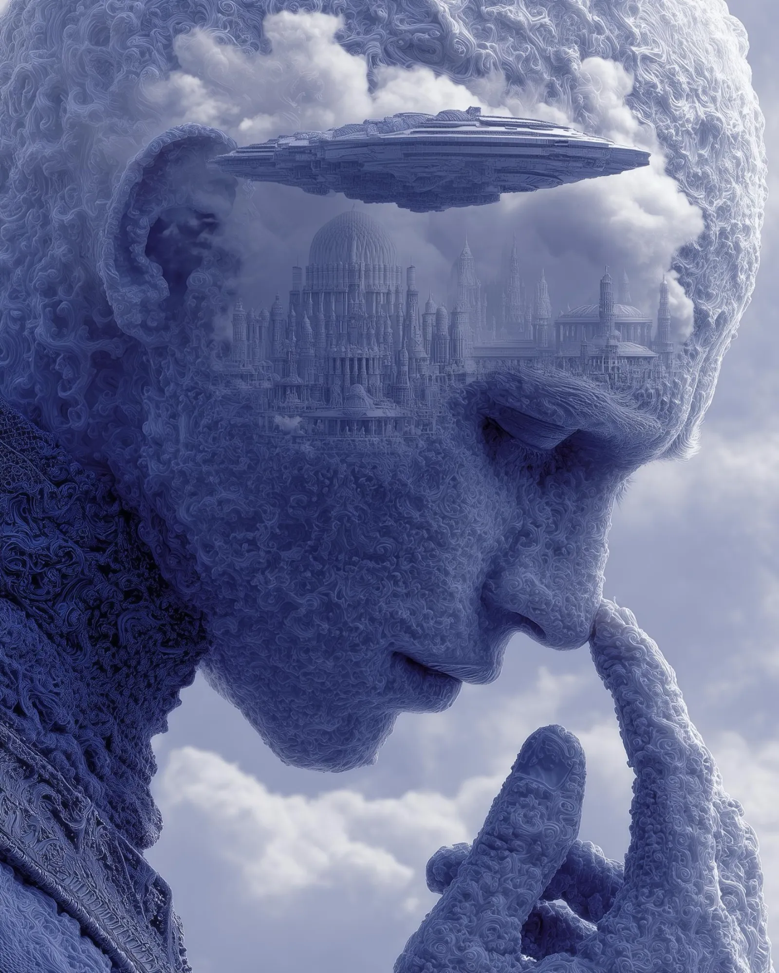 A face of stone and cloud, deep in thought, an image from the book